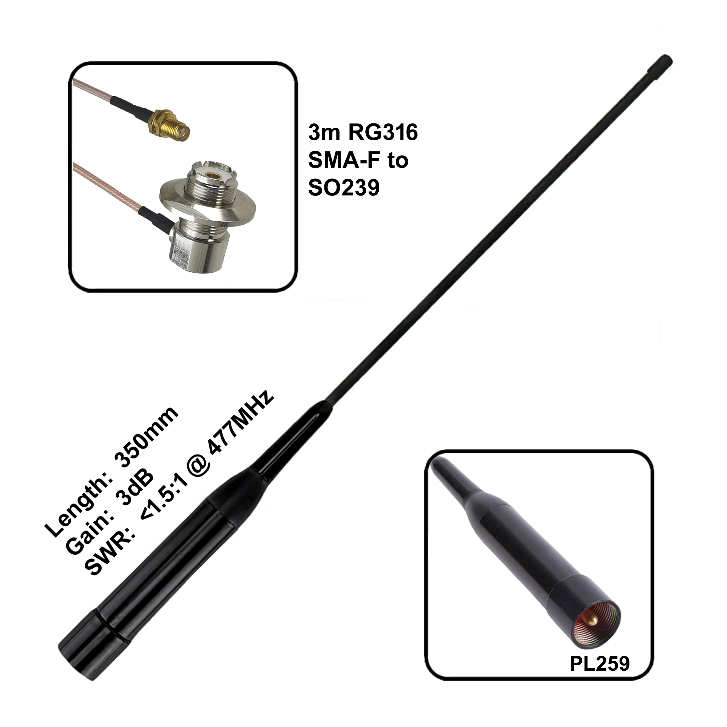 3dB Mobile UHF CB Antenna and Cable