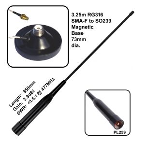 Mid-Compact Magnetic Base 5/8λ UHF CB Antenna 3.3dBi